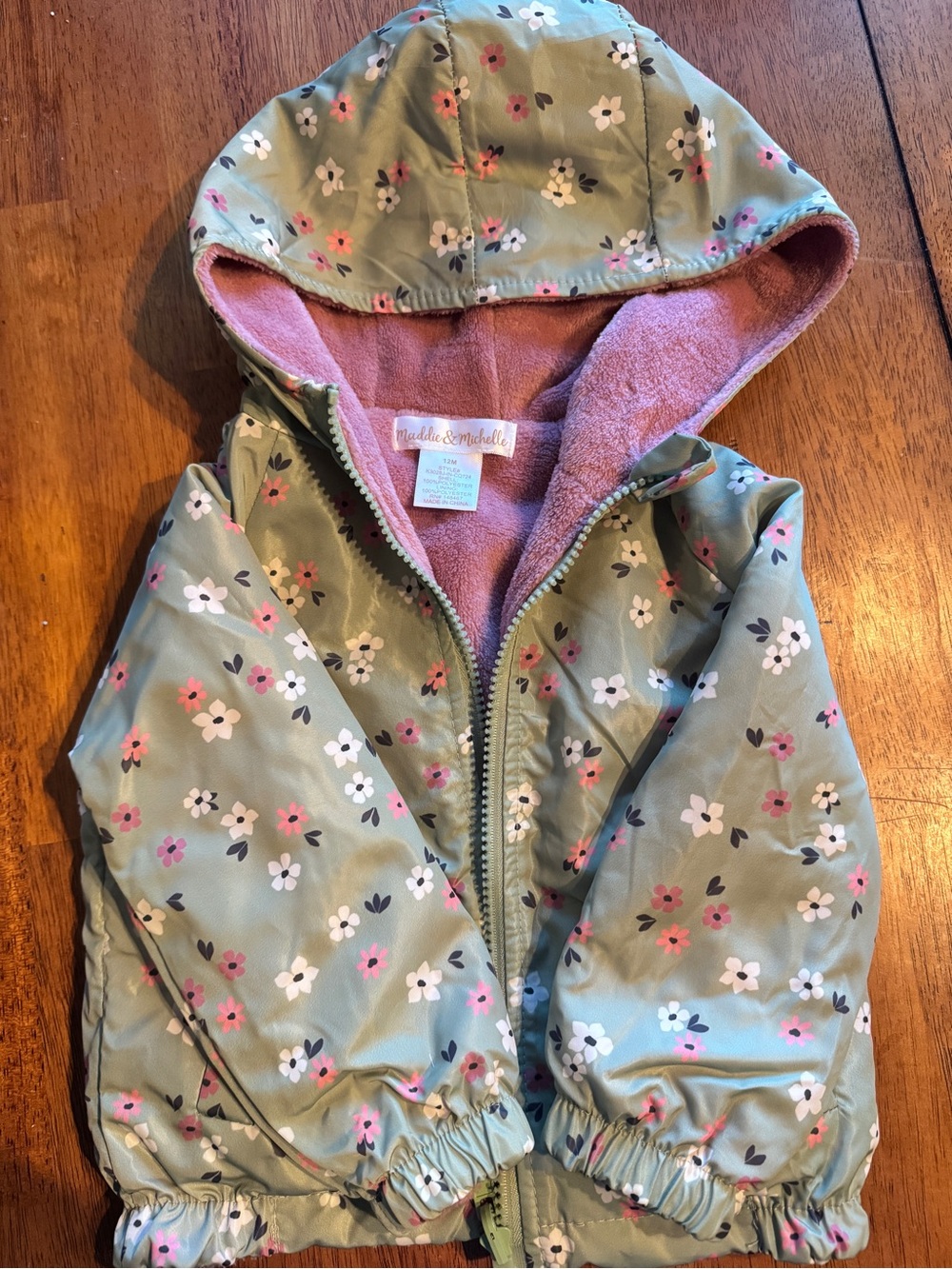 Olive Floral Hooded Raincoat with Pink Lining
